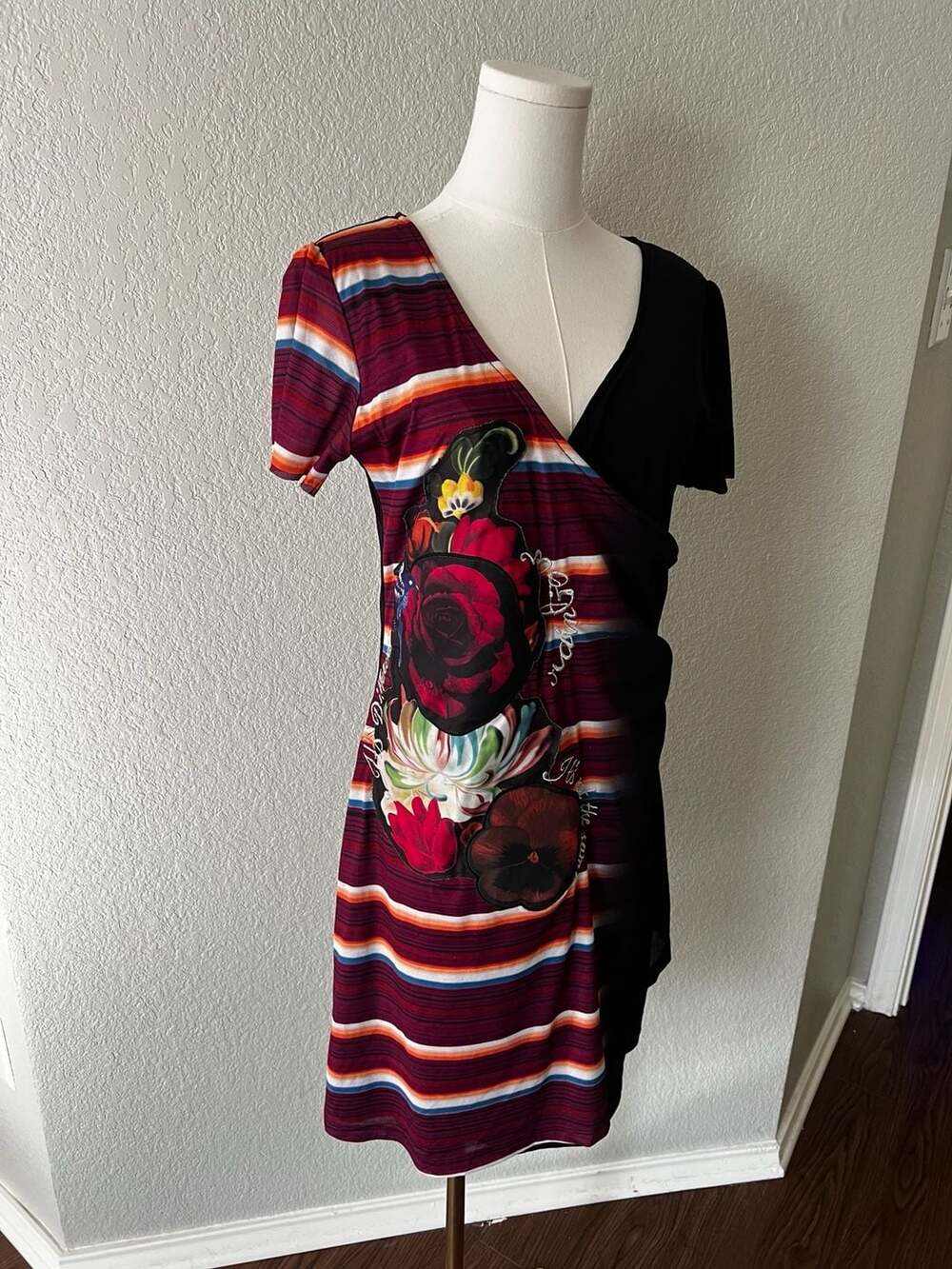 Desigual Calef Multicolor Striped Floral Patchwork Short Sleeve Dress